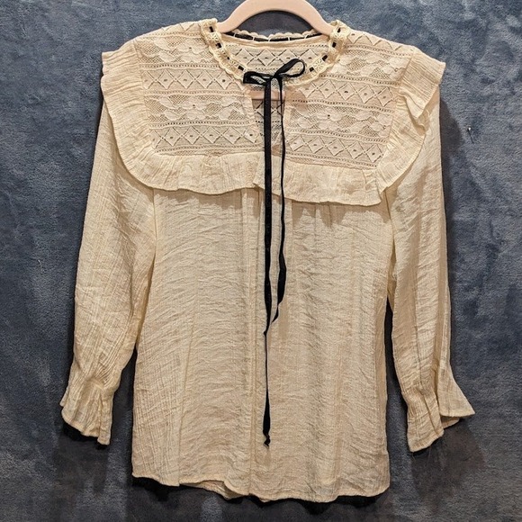 Tops - Cottagecore Lace Bib Blouse Cream Crinkle Gauze Ruffle Collar Ribbon Tie Boho